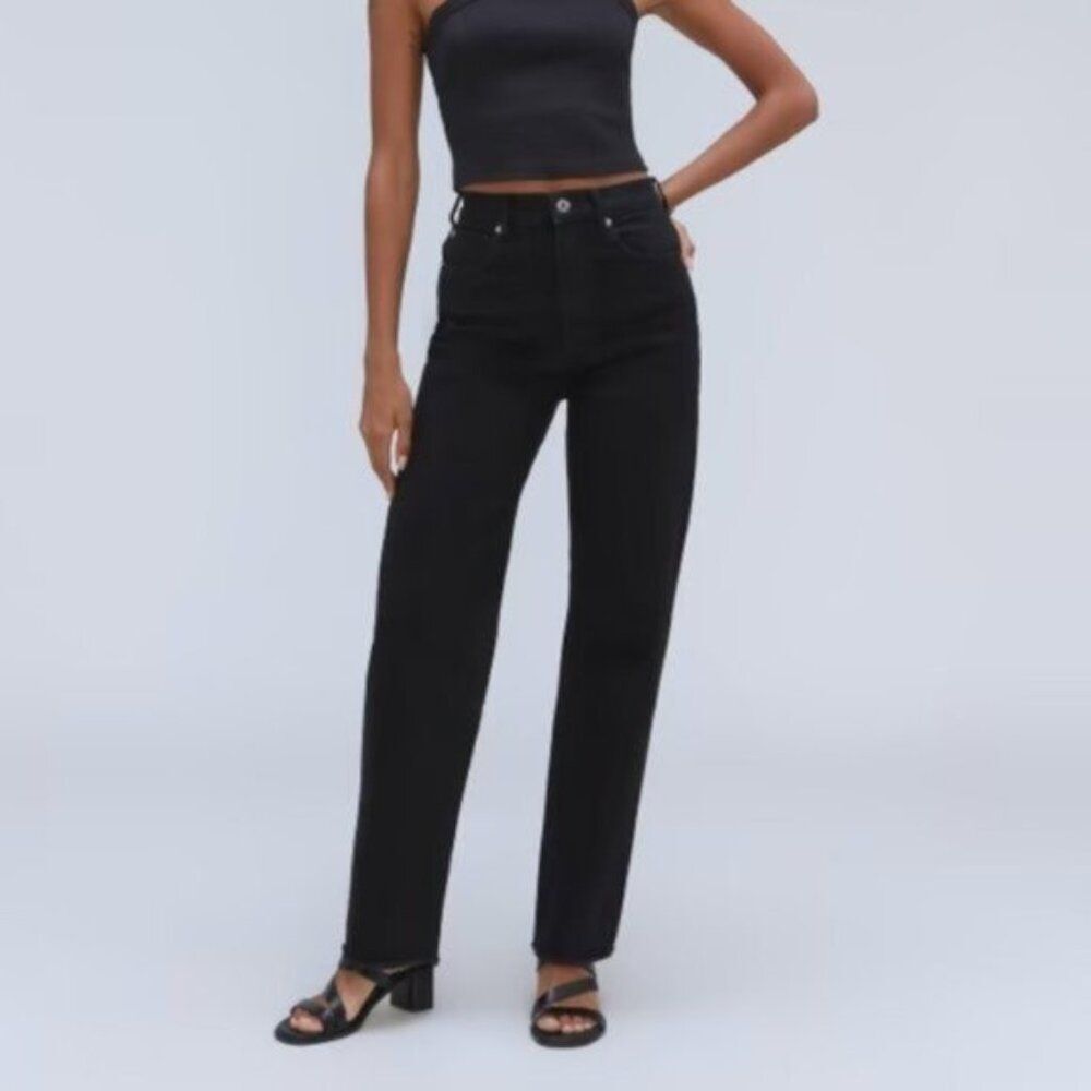 Everlane The Way High Straight Leg Organic Cotton Jean Coal Black Short 28